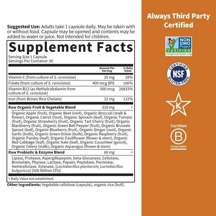 Garden of Life Vitamin Code Raw Iron Supplement - 30 Vegan Capsules, 22mg Once Daily Iron, Vitamins C, B12, Folate, Fruit, Veggies & Probiotics, Iron Supplements for Women, Energy & Anemia Support