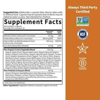 Garden of Life Vitamin Code Raw Iron Supplement - 30 Vegan Capsules, 22mg Once Daily Iron, Vitamins C, B12, Folate, Fruit, Veggies & Probiotics, Iron Supplements for Women, Energy & Anemia Support