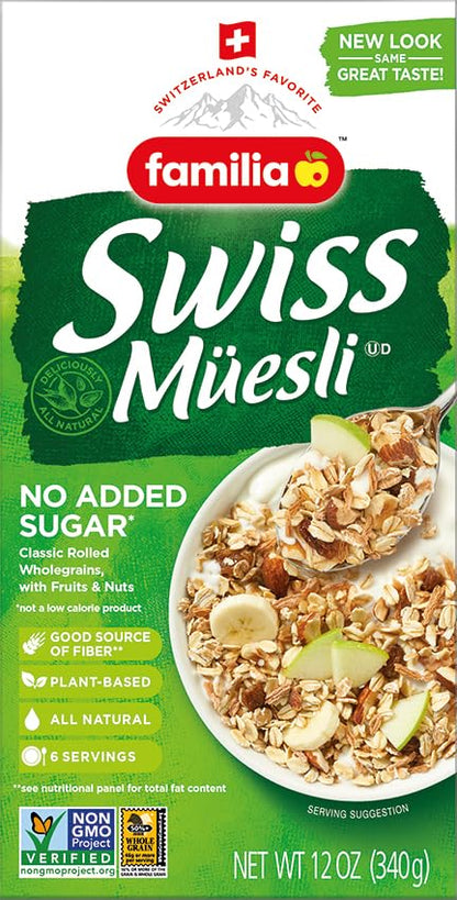 Familia Swiss Muesli Cereal, 0g Added Sugar, Energy-Packed Cereal with Raisins, Hazelnuts and Almonds, 12 Ounce Box (Pack of 6)