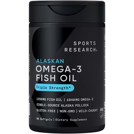 Sports Research® Omega-3 Fish Oil 1250 - Triple Strength Fish Oil Supplement from Wild Alaska Pollock - MSC Certified Sustainable · Non-GMO · Soy Free - 90 Softgel Capsules