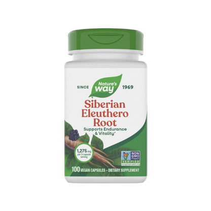 Nature's Way Premium Herbal Siberian Eleuthero Root Supplement, Supports Endurance & Vitality*, Adaptogen*, 1,275mg per 3-Capsule Serving, Non-GMO Project Verified, 100 Capsules (Packaging May Vary)