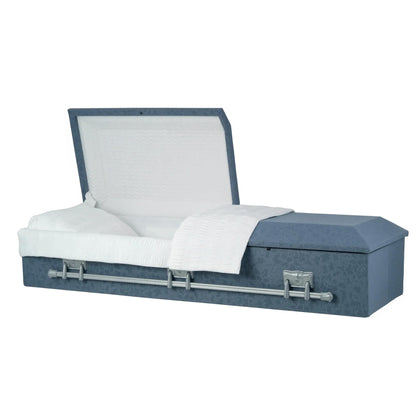 Titan Casket – Oversized Slate Gray Cloth Covered Casket with White Crepe Interior | Handcrafted Large Funeral Casket for Dignified Burial Services