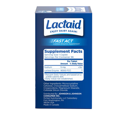 Lactaid Fast Act Lactose Intolerance Caplets with Lactase Enzyme, Dairy Relief from Gas, Bloating & Diarrhea, 9000 FCC Lactose Intolerance Pills, 96 Individual Travel On-The-Go Packs (96 x 1 ct)
