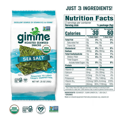 Gimme Seaweed Organic Premium Roasted Seaweed Snacks, Sea Salt, 10g Sharing Pack (Single) Keto, Vegan, Gluten-Free, Great Source of Omega3s and Iodine, Healthy On-The-Go Snack for Kids and Adults