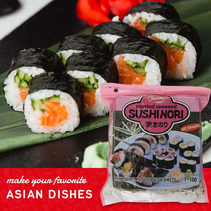 "Shirakiku Sushi Nori Seaweed - Japanese Sushi Nori Roasted Seaweed Sheets for Sushi Rolls | Perfect for Soups, Tofu, and Salads | Pack of 1 Contains 50 Sheets, 3.75OZ"