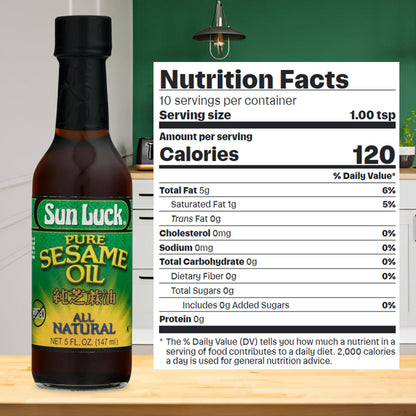 Sun Luck Pure Sesame Oil 5 oz Bottle – Aromatic Toasted Sesame Flavor for Stir-Fry, Marinades, Dressings & Dumpling Dipping; Authentic Asian Pantry Staple.