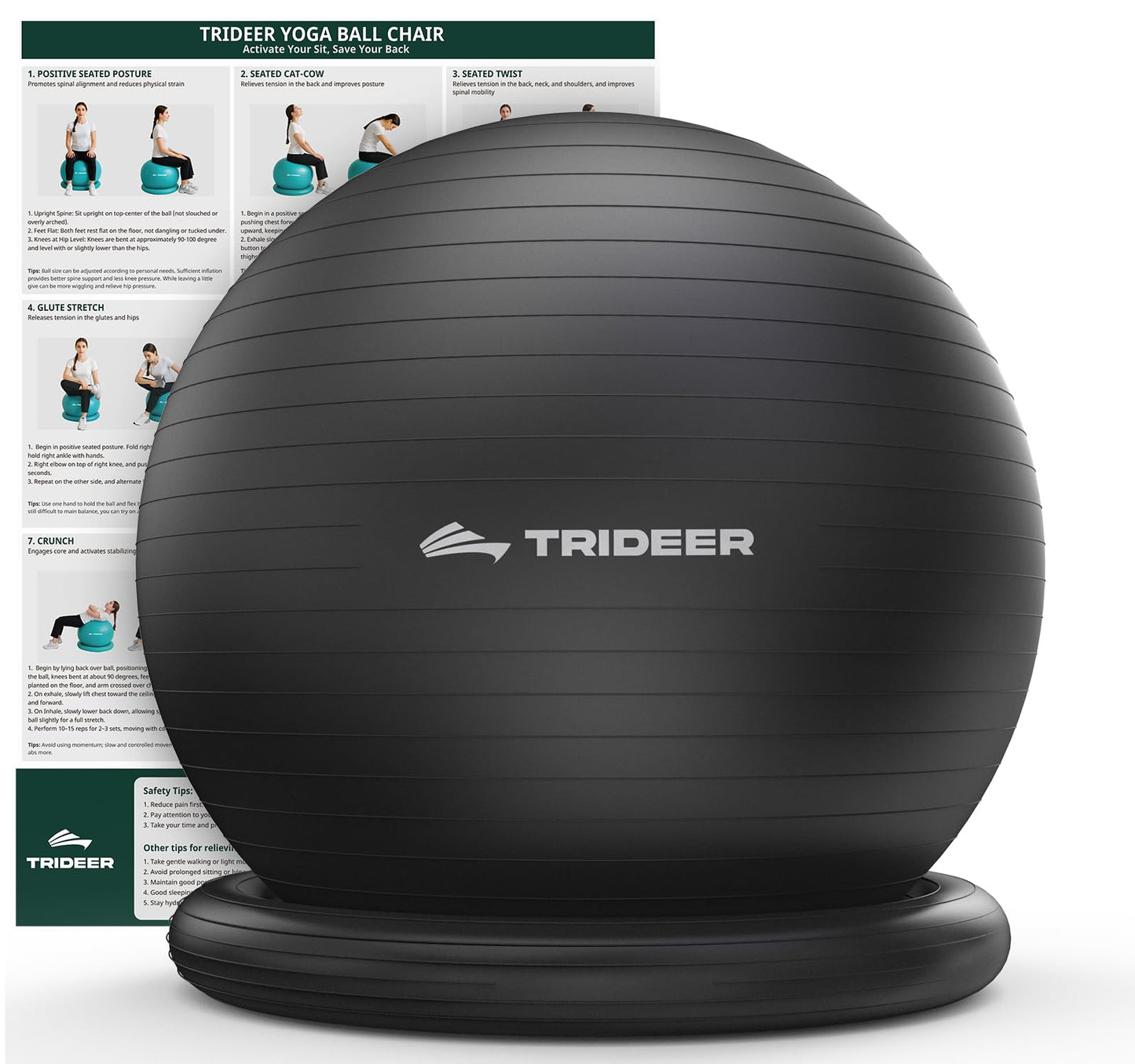 Trideer Exercise Ball for Office Desk, Yoga Ball Chair to Relieve Back Pain, Stability & Fitness Ball Seat with Base, Home Gym Core Workout, Abs, Stretching & Therapy