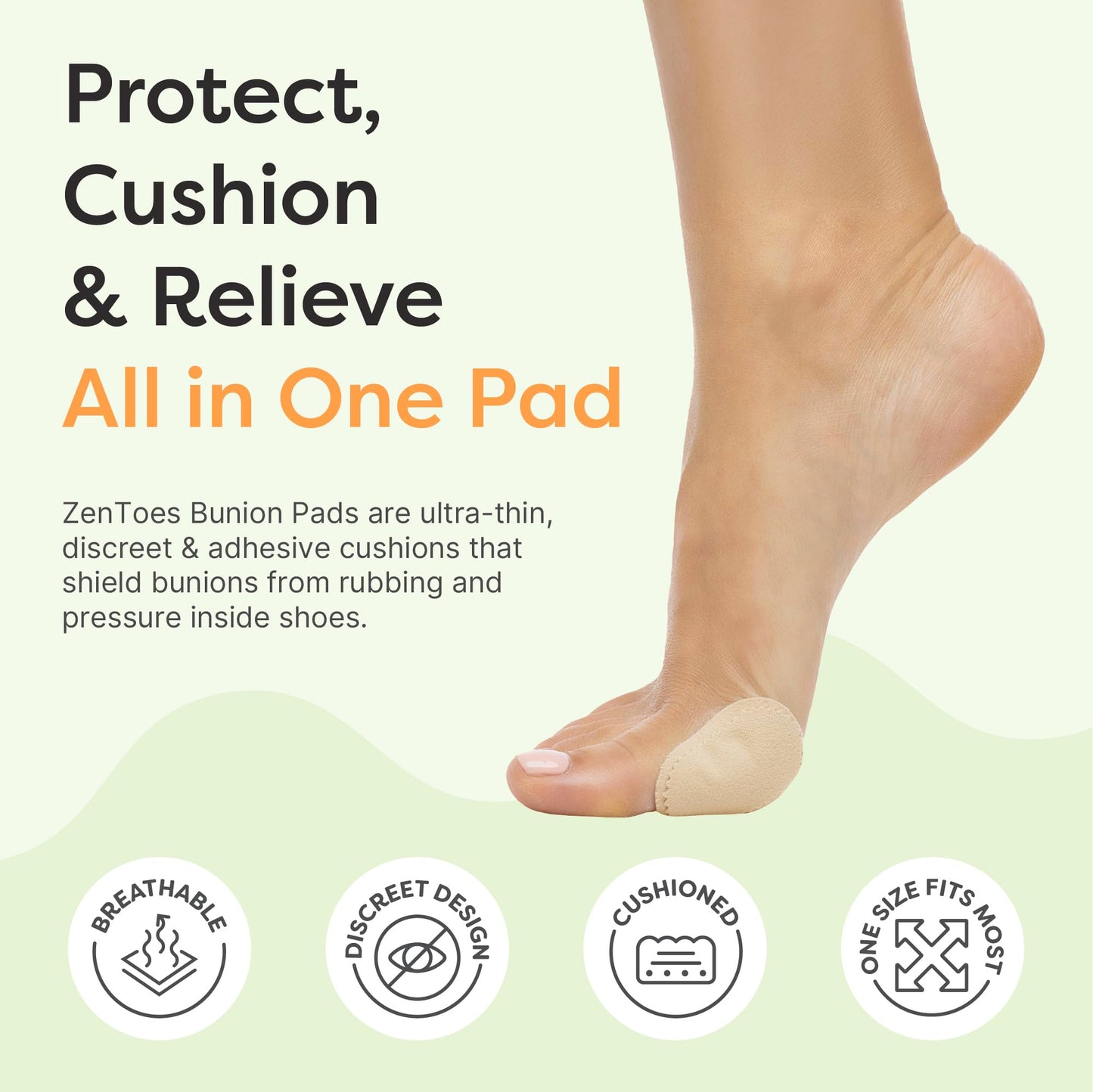 ZenToes Bunion Pads to Wear with Shoes – Waterproof Soft Bunion Cushion Protector, Breathable Adhesive Foot Pad for All Day Comfort & Support, 48 Count