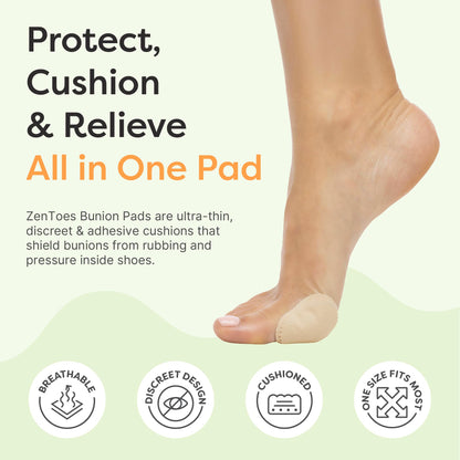 ZenToes Bunion Pads to Wear with Shoes – Waterproof Soft Bunion Cushion Protector, Breathable Adhesive Foot Pad for All Day Comfort & Support, 48 Count