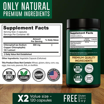 Chlorophyll Capsules 600 mg - Natural Chlorophyll Pills for Women & Men - Highly BioAvailable Chlorophyll Supplement for Energy, Immunity, Skin + Internal Deodorant