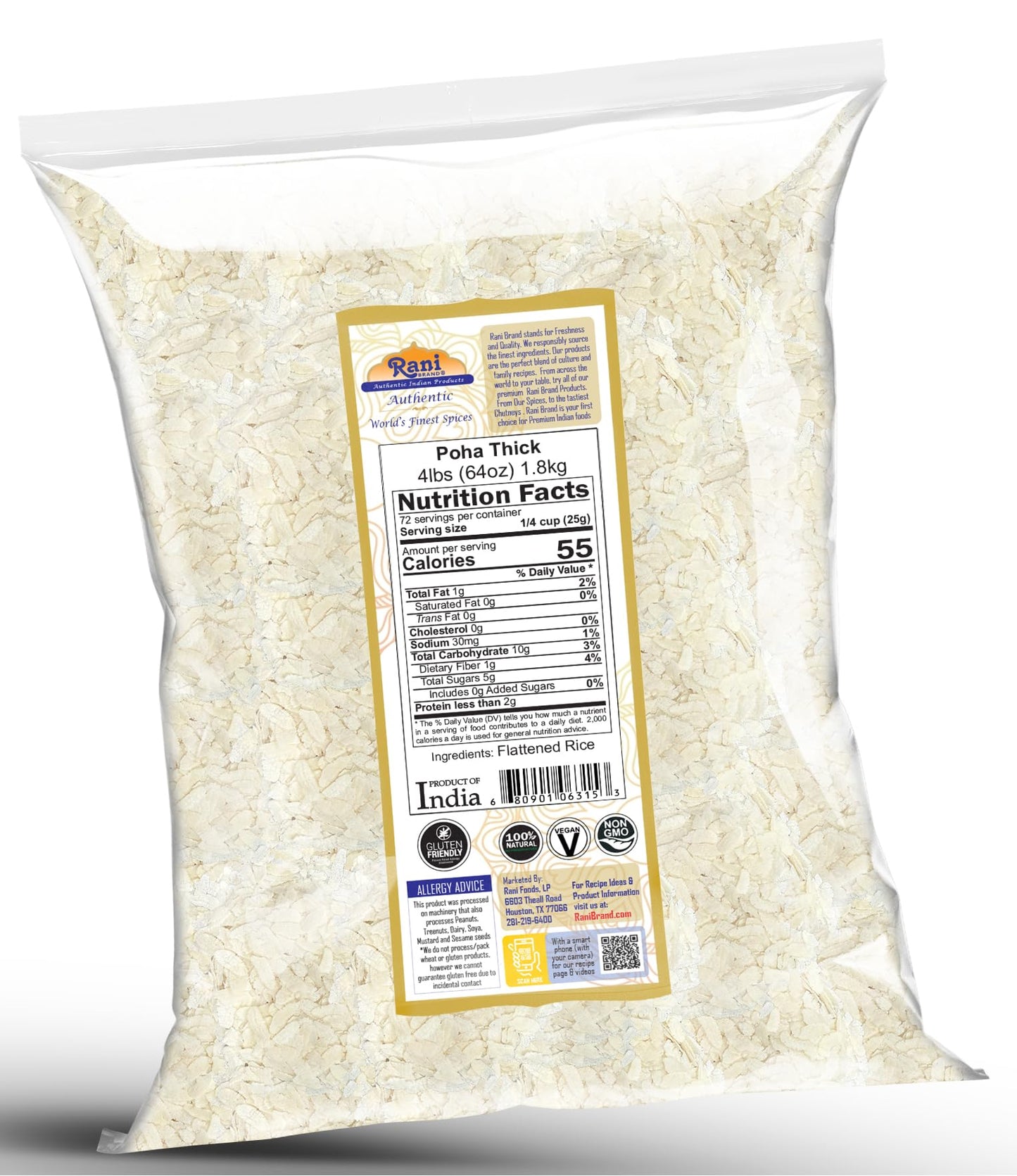 Rani Poha (Powa) Thick Medium-Cut (Flattened Rice) 64oz (4lbs) 1.81kg ~ All Natural, Salt-Free | Vegan | Kosher | No Colors | Gluten Friendly | Indian Origin