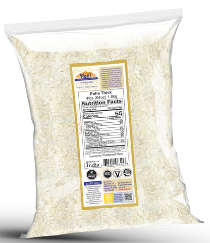 Rani Poha (Powa) Thick Medium-Cut (Flattened Rice) 64oz (4lbs) 1.81kg ~ All Natural, Salt-Free | Vegan | Kosher | No Colors | Gluten Friendly | Indian Origin