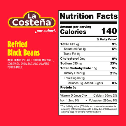 La Costeña Refried Black Beans - Ready-to-Eat Canned Refried Beans for Mexican Food, Mexican Rice, Nacho Bean Dip, Bean Burrito, Burger, Carne Asada, Fajita & Taco Seasoning - 20.5oz, 12 Pack Cans