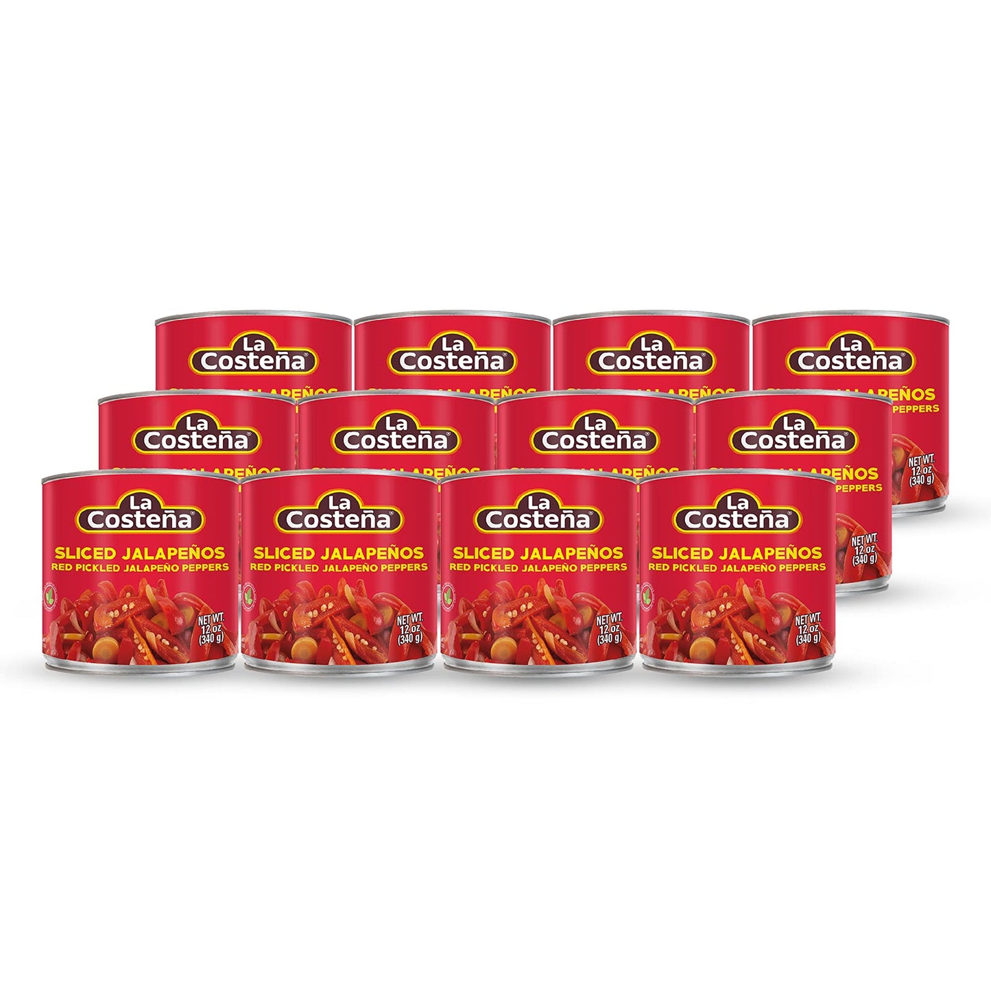La Costeña Sliced Red Jalapeno Peppers for Mexican Food, Jalapeno Salsa, Enchiladas, Guacamole, Spicy Nacho & Taco Toppings - Pickled Vegetables - 12oz, 12 Pack Cans