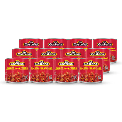 La Costeña Sliced Red Jalapeno Peppers for Mexican Food, Jalapeno Salsa, Enchiladas, Guacamole, Spicy Nacho & Taco Toppings - Pickled Vegetables - 12oz, 12 Pack Cans