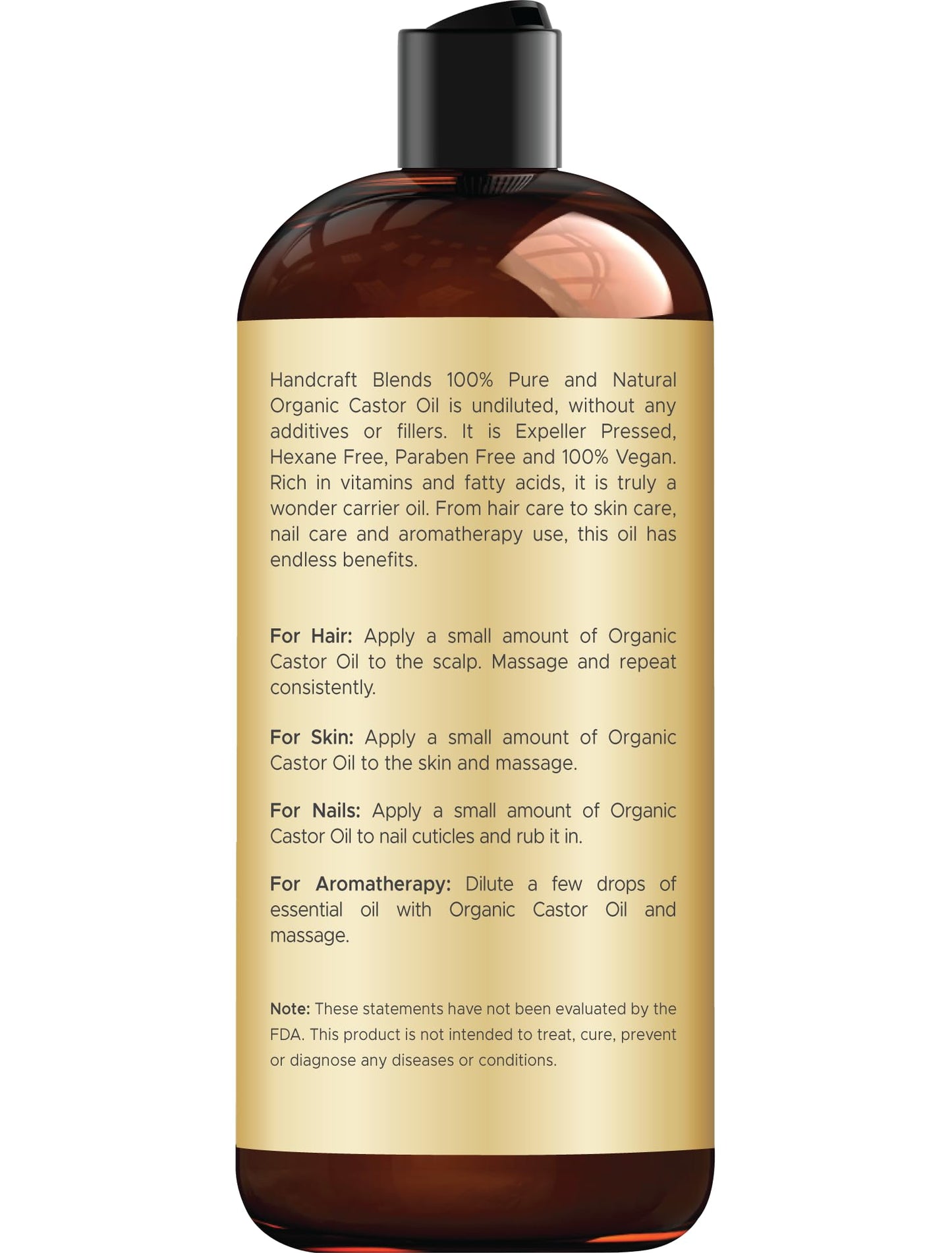 Handcraft Blends Organic Castor Oil 16 Fl Oz | 100% Pure and Natural | Premium Grade Carrier Oil | Hair, Eyelashes and Eyebrows | Hair and Body | Expeller-Pressed | Hexane-Free