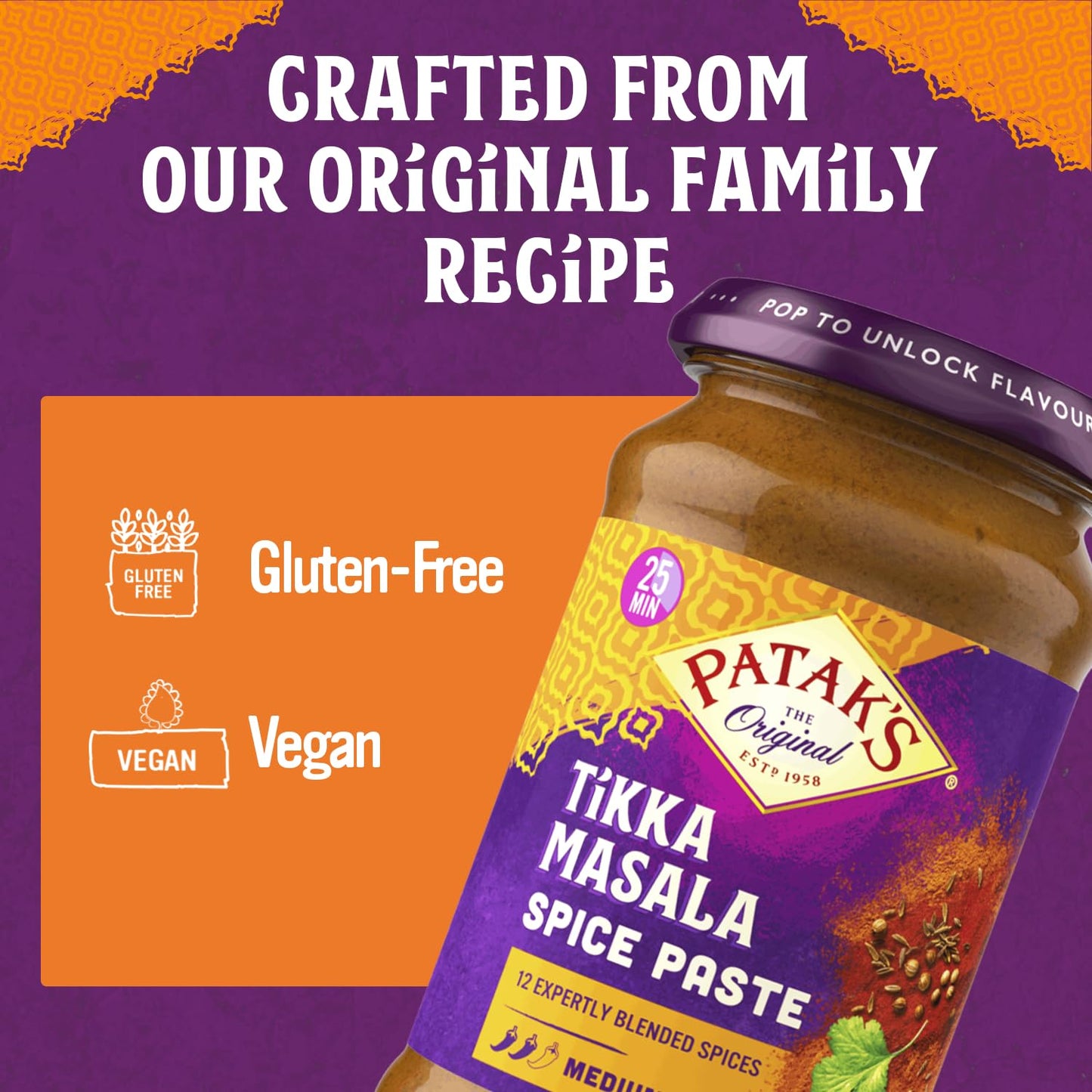Patak’s Tikka Masala Spice Paste - Medium Indian Curry Paste w/a Blend of Freshly Ground Spices - Vegan & Gluten-Free - Flavorful Tikka Masala Curry Base for Home Cooking & More - 10oz Jar (Pack of 1)