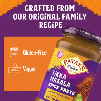 Patak’s Tikka Masala Spice Paste - Medium Indian Curry Paste w/a Blend of Freshly Ground Spices - Vegan & Gluten-Free - Flavorful Tikka Masala Curry Base for Home Cooking & More - 10oz Jar (Pack of 1)