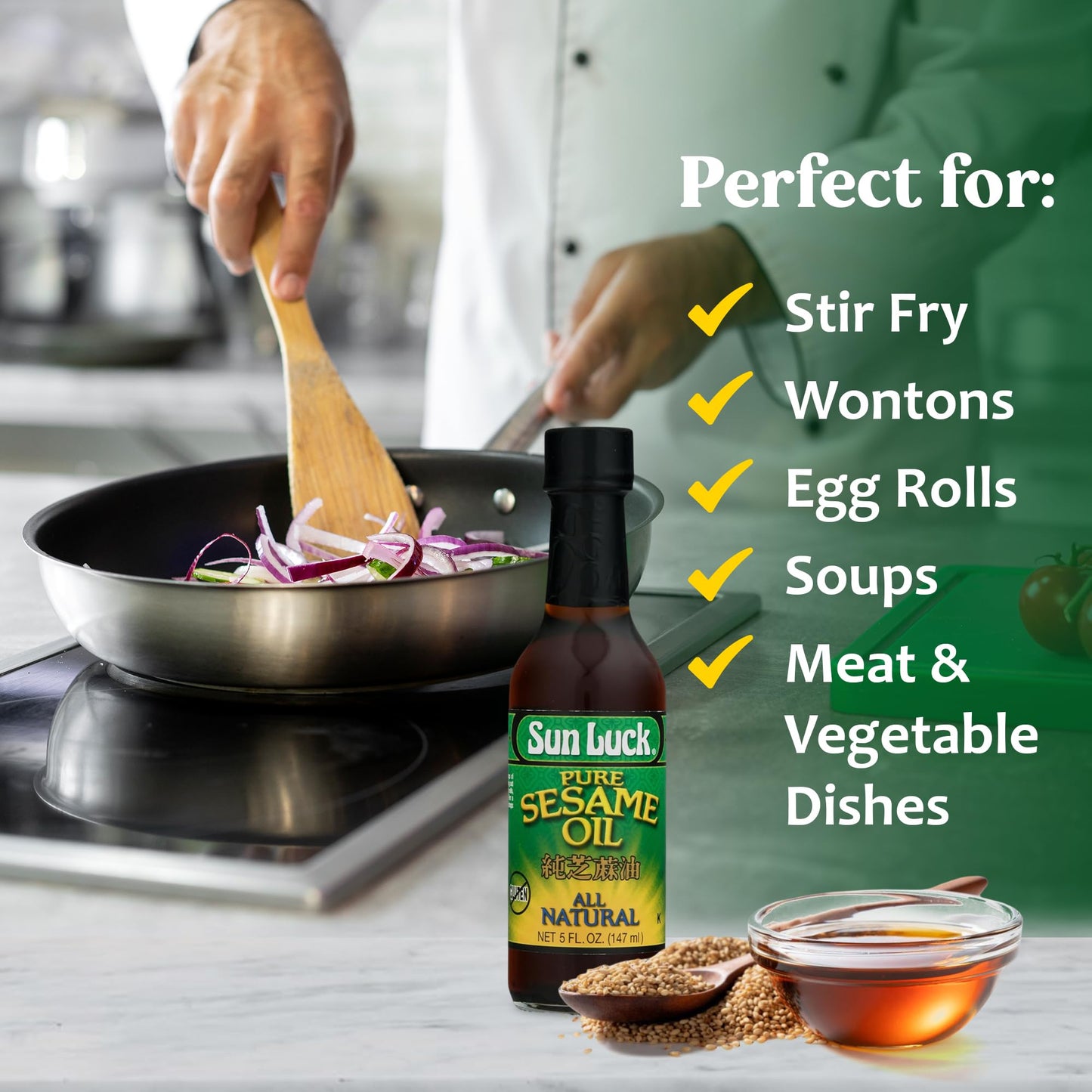 Sun Luck Pure Sesame Oil 5 oz Bottle – Aromatic Toasted Sesame Flavor for Stir-Fry, Marinades, Dressings & Dumpling Dipping; Authentic Asian Pantry Staple.