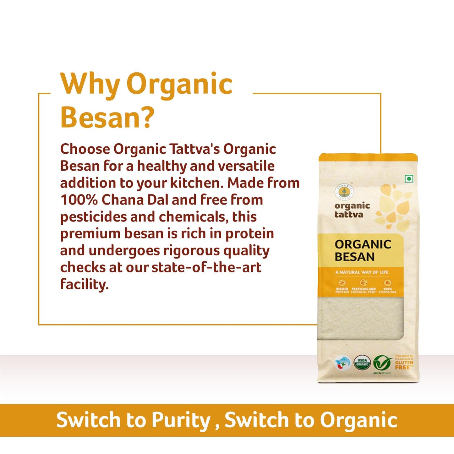 Organic Tattva Gram Flour Besan, ChickPea Flour, 500g Certified By USDA Organic