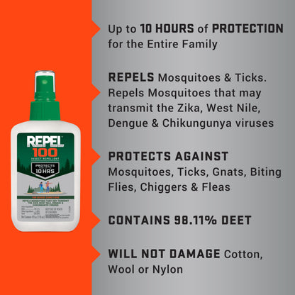 Repel 100 Insect Repellent, 4 Ounces, With DEET, 10-Hour Protection Long-Lasting Insect Repellent Pump Spray Repels Mosquitoes, Ticks, Gnats, Biting Flies, Chiggers And Fleas