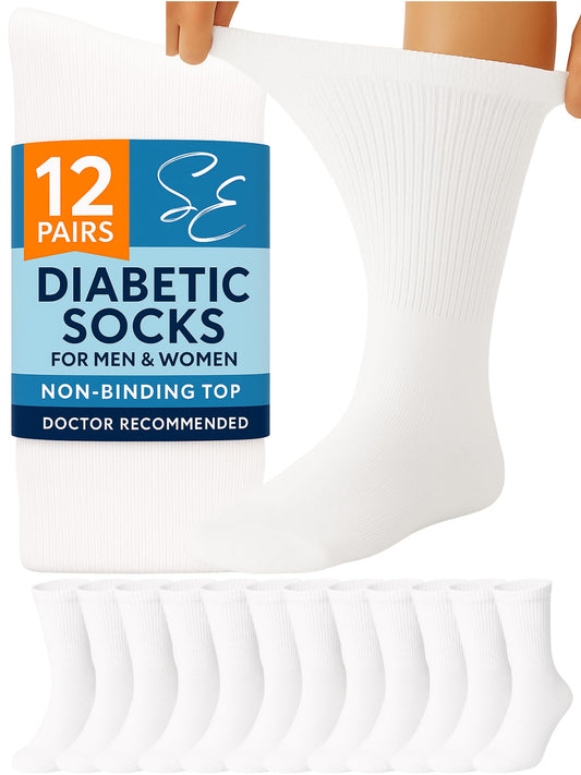 Special Essentials Diabetic Socks for Men & Women – 12 Pairs of Non-Binding Moisture-Wicking Neuropathy Socks – Crew Length