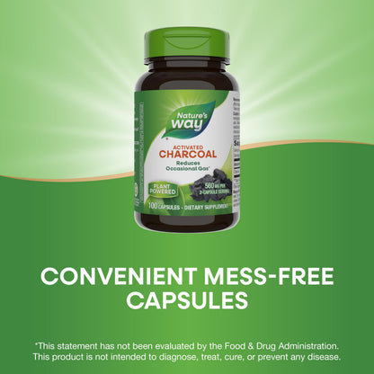 Nature's Way Activated Charcoal, Binds Unwanted Materials and Gas in the Digestive Tract*, 560 mg per 2-Capsule Serving, 100 Capsules (Packaging May Vary)