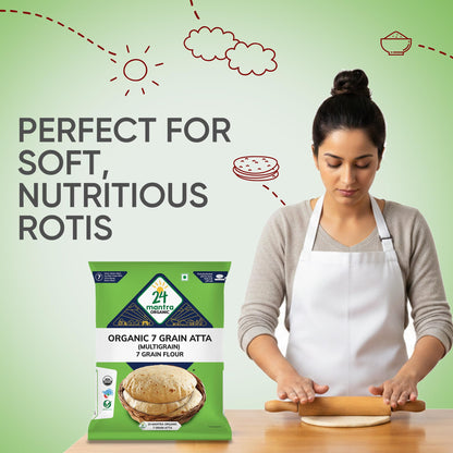 Organic 7 Grain Atta 1Kg/2.2 lb (Wheat, Pearl Millet, Sorghum, Green Mungbean, Barley, Ragi, Soybean) - 24 Mantra Organic