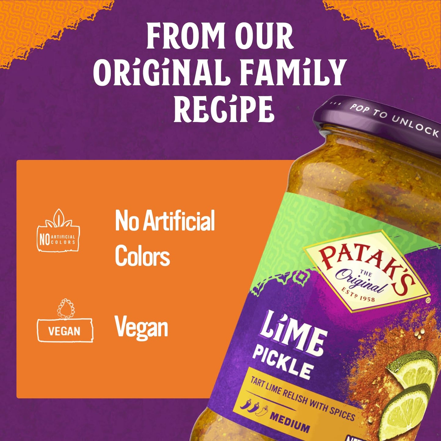 Patak’s Medium Lime Pickle - Authentic Indian Pickle Relish w/Lime Dices, Mustard Seeds & Aromatic Spices - Perfect for Sandwiches, Curries & Cold Meats - Indian Pickle - 10oz Jar (Pack of 1)
