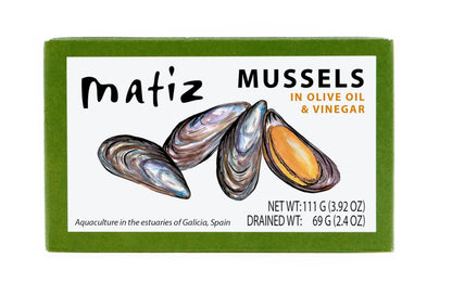 Matiz España Mussels in Extra Virgin Olive Oil & Apple Cider Vinegar | 3.92 oz. - 2 Pack | Handcrafted in Galicia, Spain | Sustainably Cultivated Mussels with Spices |