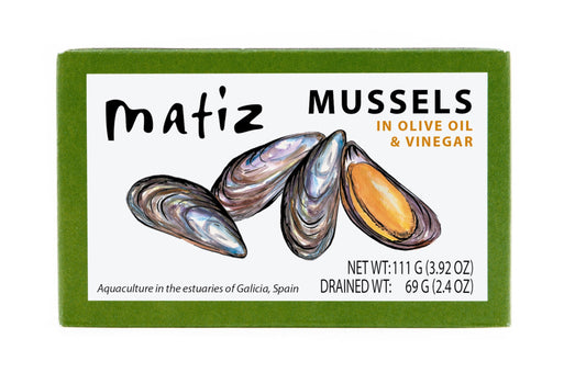 Matiz España Mussels in Extra Virgin Olive Oil & Apple Cider Vinegar | 3.92 oz. - 2 Pack | Handcrafted in Galicia, Spain | Sustainably Cultivated Mussels with Spices |