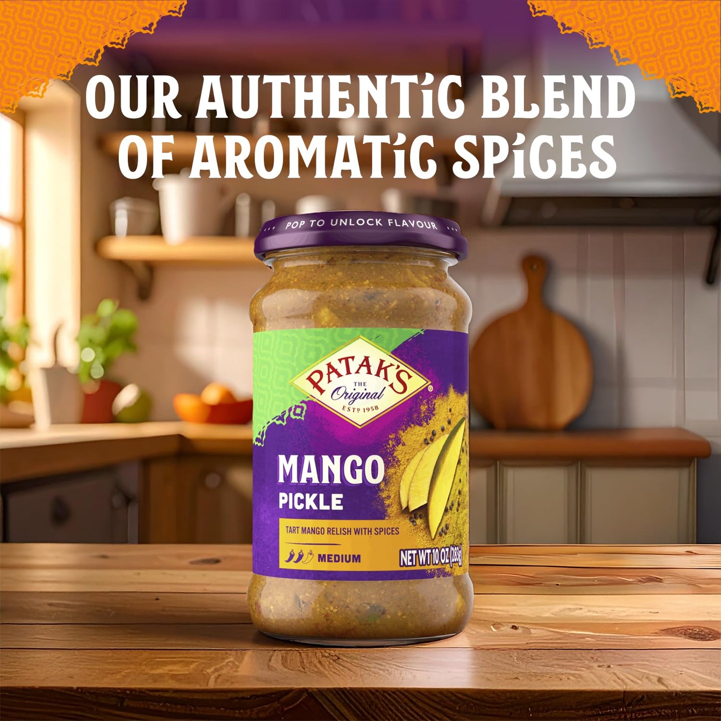 Patak’s Medium Mango Pickle - Authentic Indian Relish with Mango Chunks & Aromatic Spices - Perfect with Naan, Pappadum, Sandwiches & Salads - Vegan Spicy Pickle - 10oz Jar (Pack of 1)