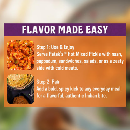 Patak’s Hot Mixed Pickle - Authentic Indian Relish w/Mangoes, Carrots, Limes, Chili Peppers & Aromatic Spices -Perfect for Sandwiches, Salads & Cold Meats - Vegan Spicy Pickle - 10oz Jar (Pack of 1)