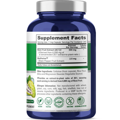 NusaPure Noni Fruit 20:1 Extract, 300 mg Equivalent to 6,000 mg 240 Capsules Suitable for Vegetarian/Vegan, Non-GMO