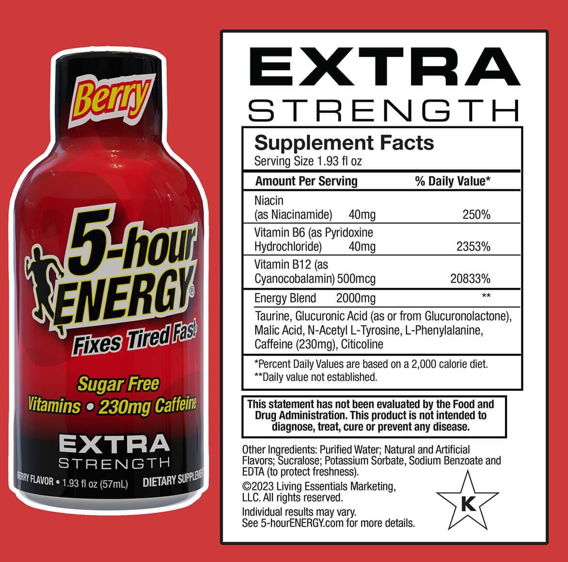 5-hour ENERGY Shots Extra Strength, Berry Flavor, 30 Count, 1.93 Fl Oz, Sugar Free, Zero Calories, Amino Acids and Essential B Vitamins, Dietary Supplement, Feel Alert and Energized, 230 mg Caffeine