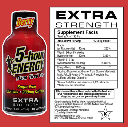 5-hour ENERGY Shots Extra Strength, Berry Flavor, 30 Count, 1.93 Fl Oz, Sugar Free, Zero Calories, Amino Acids and Essential B Vitamins, Dietary Supplement, Feel Alert and Energized, 230 mg Caffeine