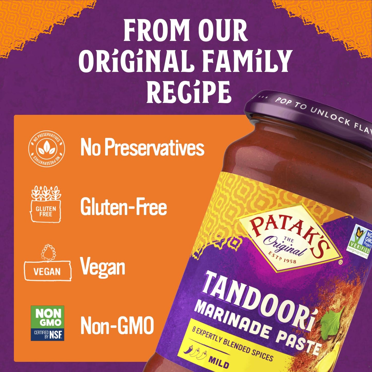 Patak’s Tandoori Marinade Paste - Mild Indian Tandoori Paste with 8 Expertly Blended Spices - Gluten-Free & Vegan - Flavorful Chicken Marinade for Grilling, Baking & BBQ Cooking - 11oz Jar (Pack of 2)