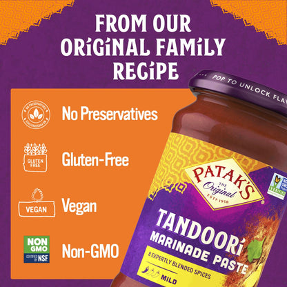 Patak’s Tandoori Marinade Paste - Mild Indian Tandoori Paste with 8 Expertly Blended Spices - Gluten-Free & Vegan - Flavorful Chicken Marinade for Grilling, Baking & BBQ Cooking - 11oz Jar (Pack of 2)