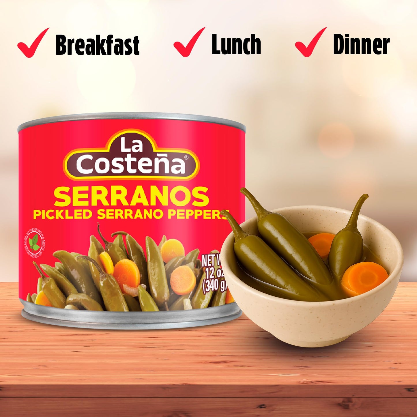 La Costeña Whole Serrano Pepper & Sliced Carrots - Spicy Green Chiles for Mexican Food, Pico de Gallo, Taco Seasoning, Salsa Verde & Guacamole - Hot Pickled Vegetables - 12oz, 12 Pack Cans