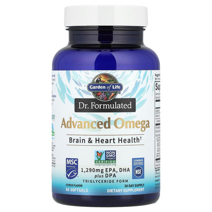 Garden of Life Dr. Formulated Advanced Omega Fish Oil - Lemon, 1,290mg EPA, DHA + DPA in Triglyceride Form, Single Source Omega 3 Supplement for Ultimate Brain & Heart Health, Non-GMO, 60 Softgels