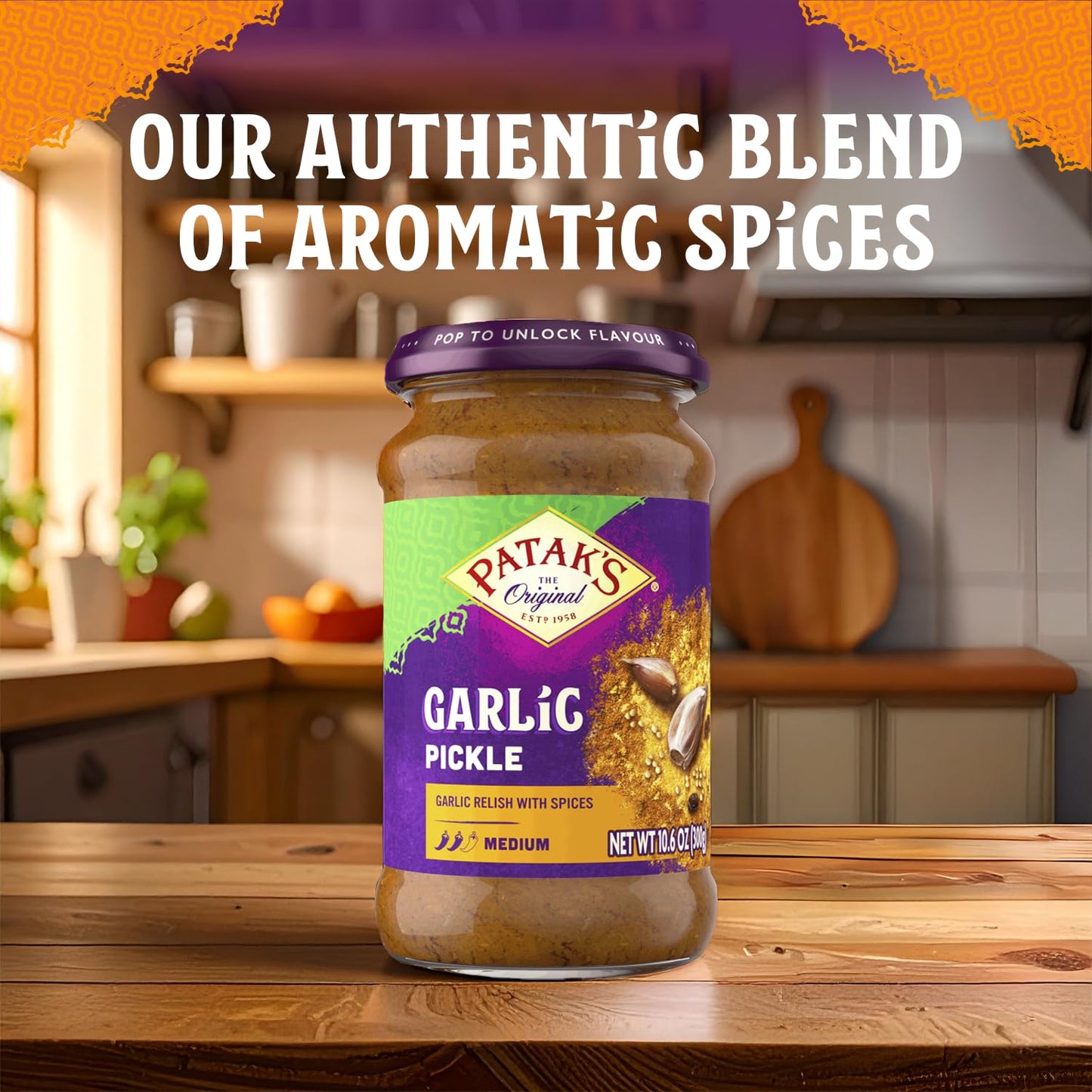 Patak’s Garlic Pickle - Authentic Indian Relish w/Garlic Cloves, Raisins & Aromatic Spices - Perfect for Sandwiches, Curries & Cold Meats - Vegan Medium Heat Spicy Pickle - 10.6oz Jar (Pack of 1)