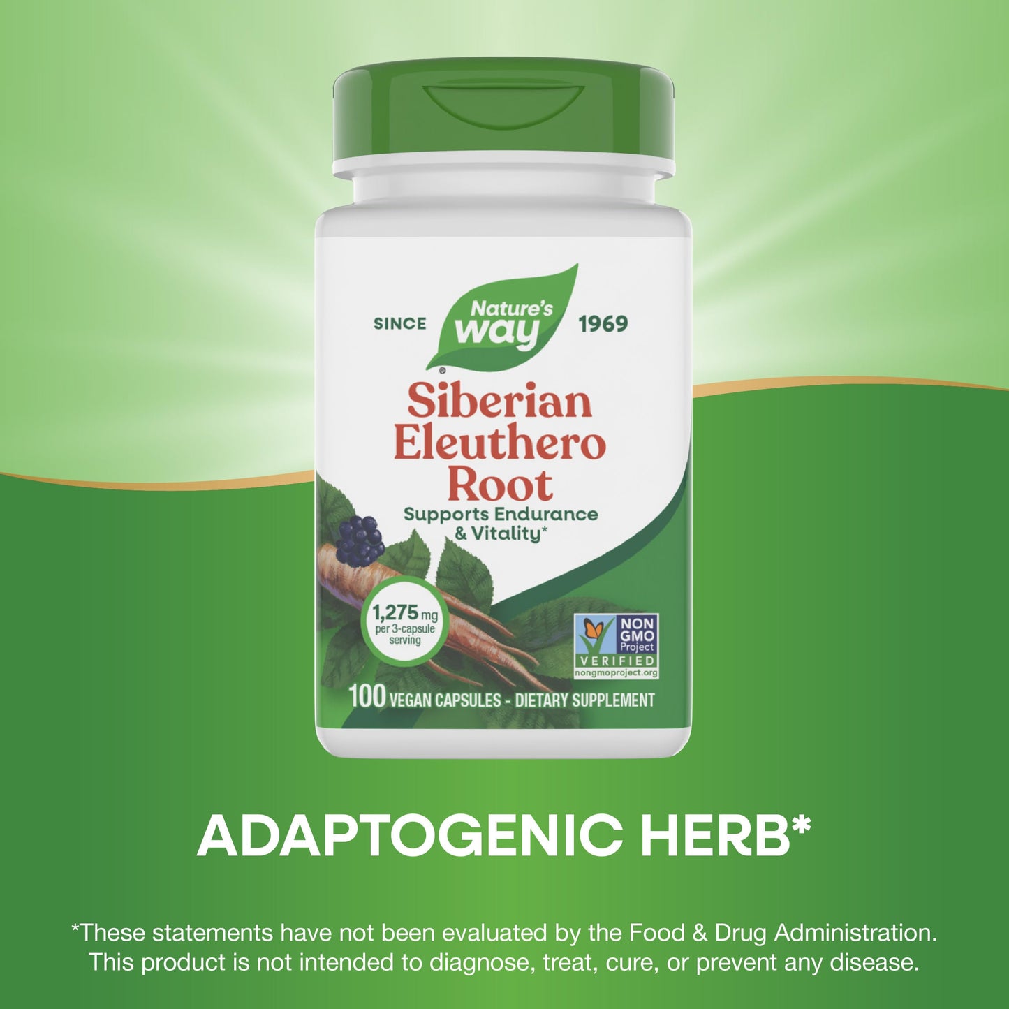 Nature's Way Premium Herbal Siberian Eleuthero Root Supplement, Supports Endurance & Vitality*, Adaptogen*, 1,275mg per 3-Capsule Serving, Non-GMO Project Verified, 100 Capsules (Packaging May Vary)