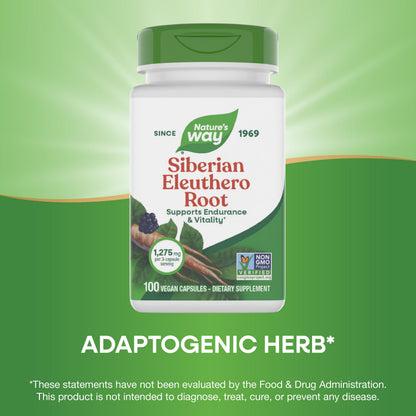Nature's Way Premium Herbal Siberian Eleuthero Root Supplement, Supports Endurance & Vitality*, Adaptogen*, 1,275mg per 3-Capsule Serving, Non-GMO Project Verified, 100 Capsules (Packaging May Vary)