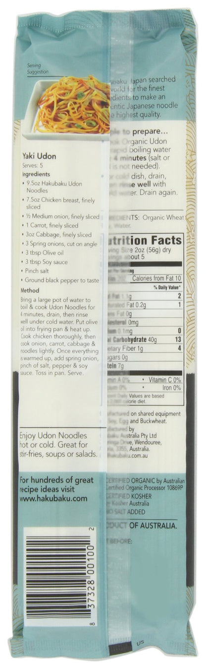 Hakubaku Organic Udon, Authentic Japanese Wheat Noodles, No Added Salt, 9.5-Ounce Boxes (Pack of 8)