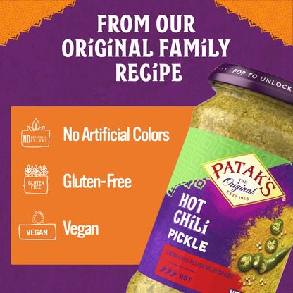 Patak's Hot Chile Pickle, Authentic Indian Relish with Green Chiles, Mustard Seeds & Aromatic Spices, Perfect for Sandwiches, Curries, Salads & Cold Meats, Vegan Spicy, 10 oz Jar