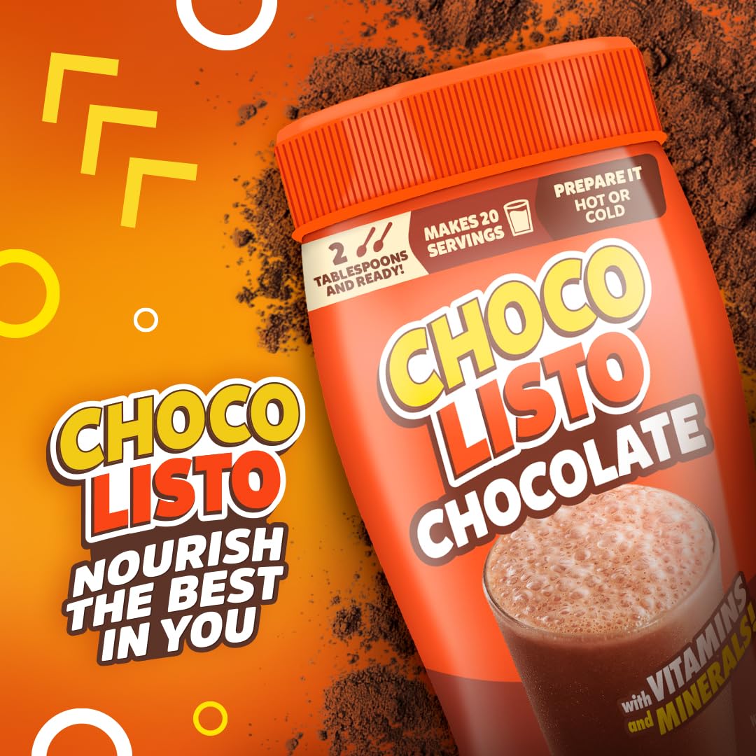 Chocolisto Instant Chocolate Drink, Nutritious Beverage with Vitamins and Minerals, 10.5 oz, Pack of 1.