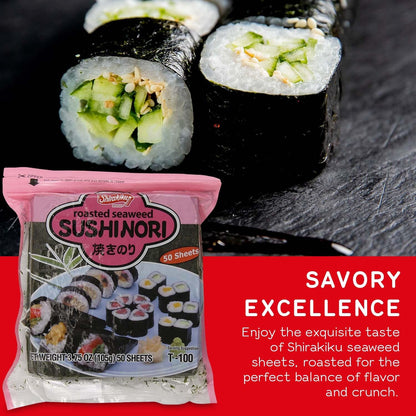 "Shirakiku Sushi Nori Seaweed - Japanese Sushi Nori Roasted Seaweed Sheets for Sushi Rolls | Perfect for Soups, Tofu, and Salads | Pack of 1 Contains 50 Sheets, 3.75OZ"