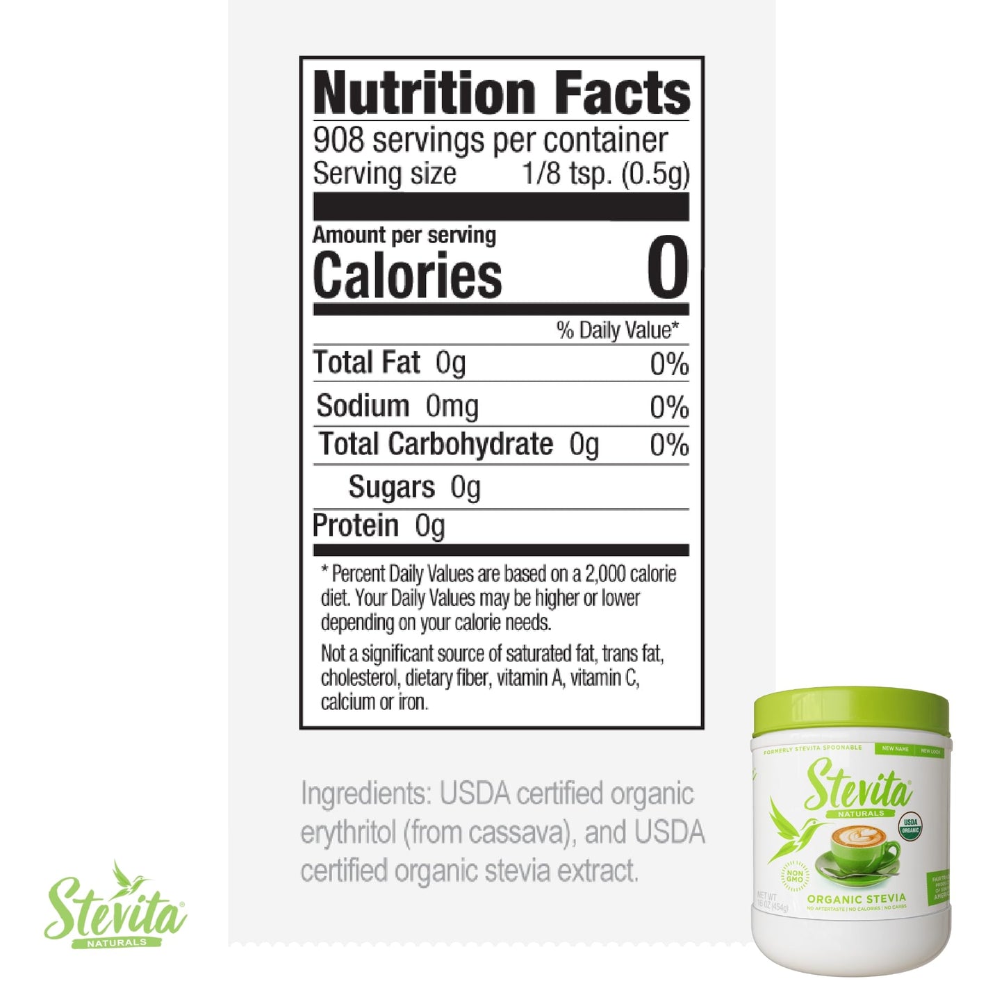 Stevita Organic Stevia - 16 oz, Pack of 2 - Stevia & Erythritol All-Natural Sweetener, No Calories - USDA Organic, Non-GMO, Vegan, Keto, Paleo, Gluten Free - 1816 Total Servings