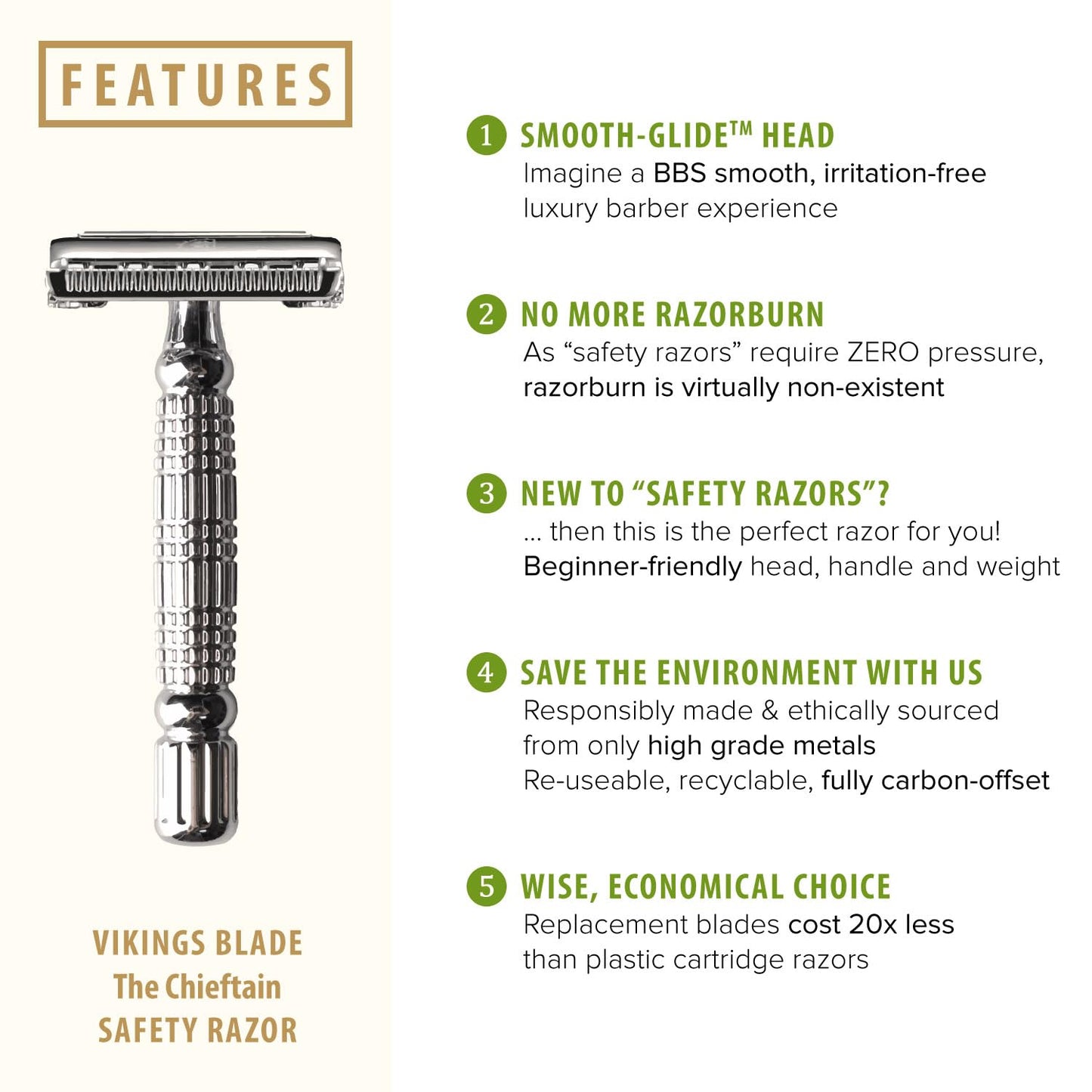 VIKINGS BLADE Double Edge Safety Razor for Men + 5 Swedish Steel Blades + Luxury Case. Smooth, Reusable, Eco-Friendly (The Chieftain)