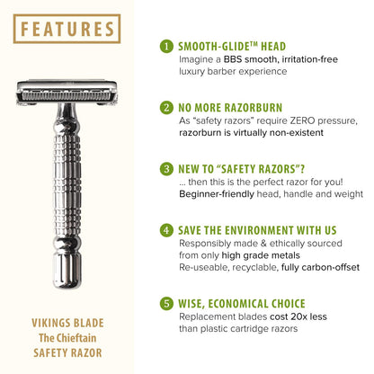 VIKINGS BLADE Double Edge Safety Razor for Men + 5 Swedish Steel Blades + Luxury Case. Smooth, Reusable, Eco-Friendly (The Chieftain)